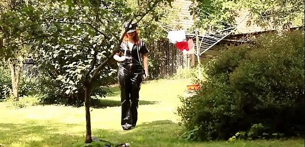  Outdoor punishment by huge fat mature and latex friend